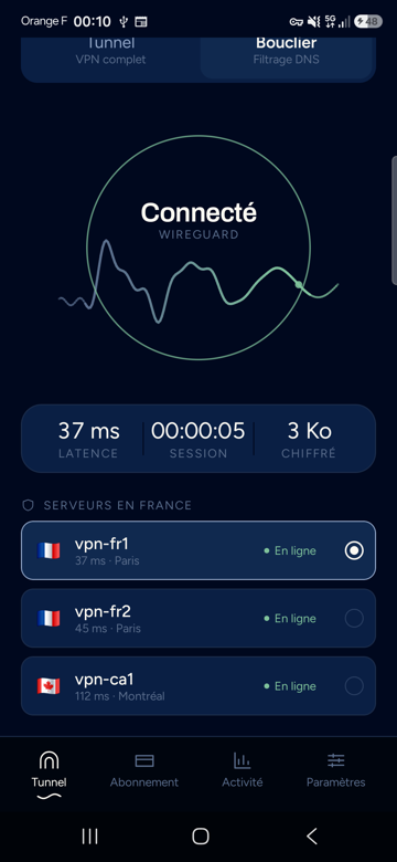 Écran principal de l'app SOCONE : protection active