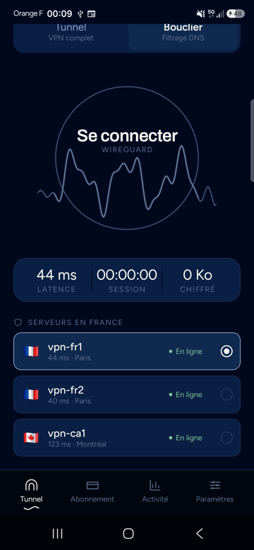 Écran de choix du serveur VPN
